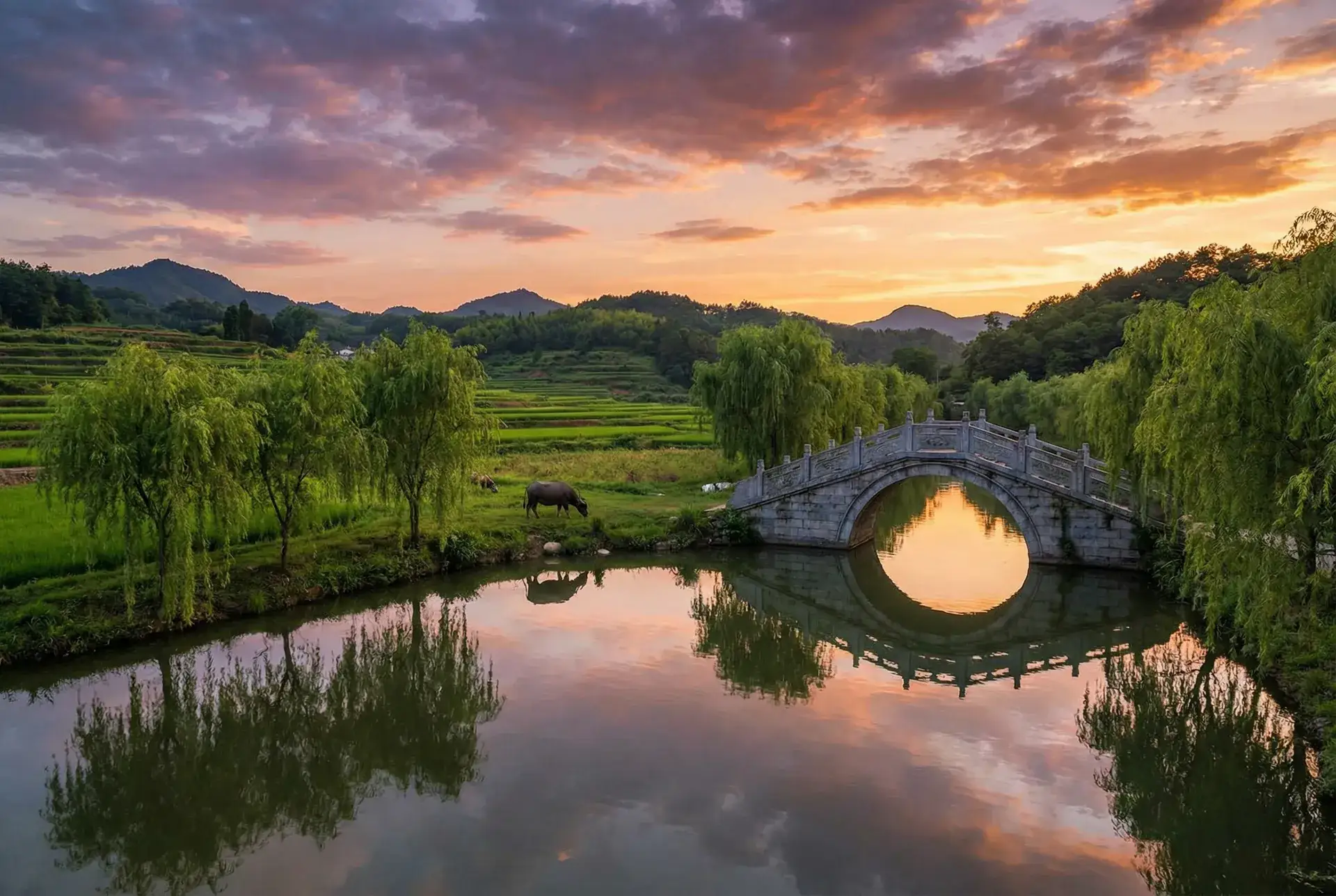 夕阳下的石拱桥与垂柳，水牛在河边吃草 - m600 乡村美景